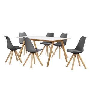 [en.casa] Esstisch Bambus weiß mit 6 Stühlen grau gepolstert 180x80cm Esszimmer Essgruppe Küche -