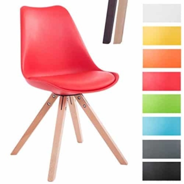 CLP Design Retro-Stuhl TOULOUSE SQUARE, Kunststoff-Lehne, Kunstleder-Sitz gepolstert Rot, Holzgestell Farbe natura, Bein-Form eckig -