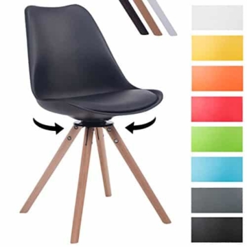 CLP Design Retro-Stuhl TROYES RUND, Kunststoff-Lehne, Kunstleder-Sitz, drehbar, gepolstert Schwarz, Holzgestell Farbe natura, Form rund -