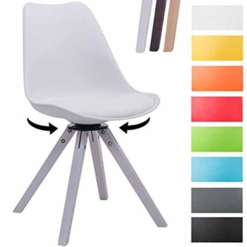CLP Design Retro-Stuhl TROYES SQUARE, Kunststoff-Lehne, Kunstleder-Sitz gepolstert drehbar Weiß, Holzgestell Farbe weiß, Bein-Form eckig -