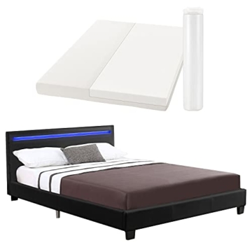 ArtLife Polsterbett Verona 120 × 200 cm - Bett komplett mit LED-Beleuchtung, Matratze und Lattenrost - Kunstleder Bezug - schwarz – Jugendbett - 1